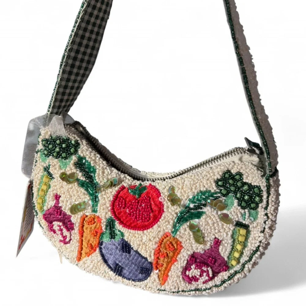 Beaded Vegetable Small Crescent Shoulder Bag Handcrafted In India - Picture 3 of 8